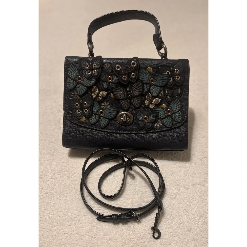 COACH Tilly Butterfly Leather Top Handle Shoulder Crossbody Bag Midnight READ